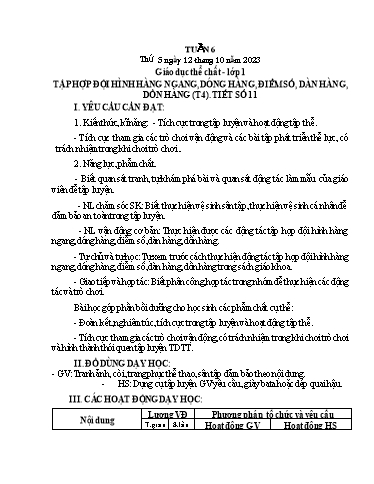 Giáo án GDTC Lớp 1 - Tuần 6 - Năm học 2023-2024