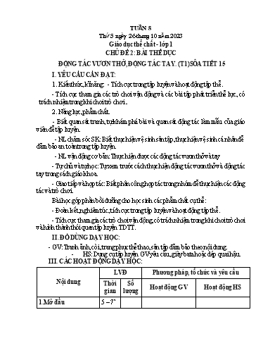 Giáo án GDTC Lớp 1 - Tuần 8, Bài: Động tác vươn thở, động tác tay (Tiết 1+2) - Năm học 2023-2024