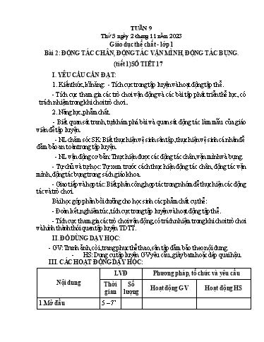 Giáo án GDTC Lớp 1 - Tuần 9, Bài 2: Động tác chân, động tác vặn mình, động tác bụng (Tiết 1+2) - Năm học 2023-2024