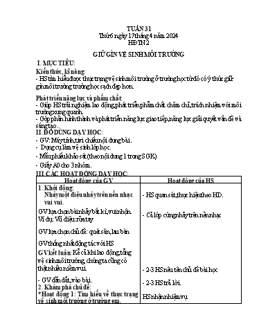 Giáo án Hoạt động trải nghiệm 2 + Đạo đức 1 - Tuần 31 - Năm học 2023-2024