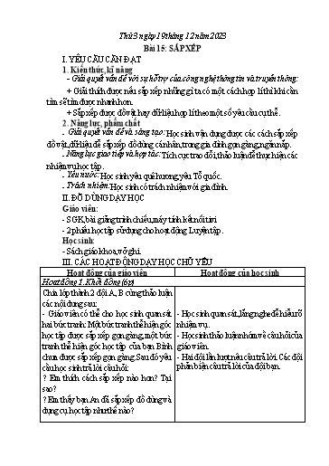 Giáo án Hoạt động trải nghiệm Lớp 1 (Kết nối tri thức) - Tuần 16, Bài 15: Sắp xếp - Năm học 2023-2024