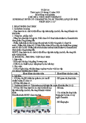 Giáo án Hoạt động trải nghiệm Lớp 4 - Tuần 16: Sinh hoạt dưới cờ Chào mừng ngày thành lập quân đội nhân dân 22/12 - Năm học 2023-2024