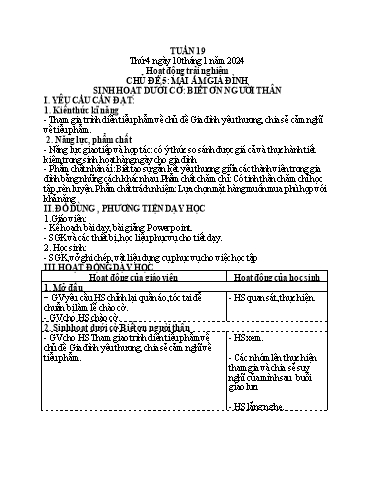Giáo án Hoạt động trải nghiệm Lớp 4 - Tuần 19: Sinh hoạt dưới cờ Biết ơn người thân - Năm học 2023-2024