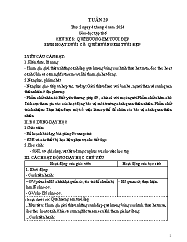 Giáo án Hoạt động trải nghiệm Lớp 4 - Tuần 29: Sinh hoạt dưới cờ Quê hương em tươi đẹp - Năm học 2023-2024
