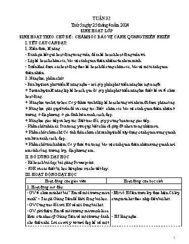 Giáo án Hoạt động trải nghiệm Lớp 5 - Tuần 32: Sinh hoạt theo chủ đề Chăm sóc bảo vệ cảnh quang thiên nhiên - Năm học 2023-2024