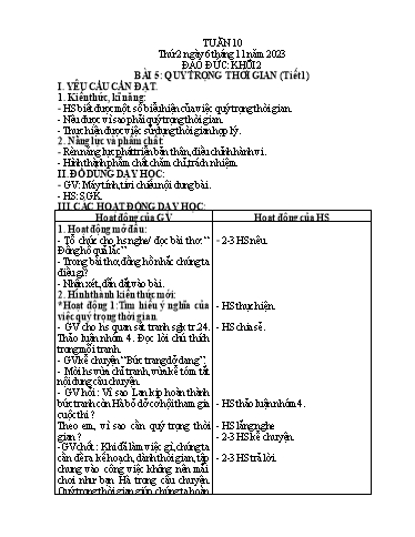 Giáo án Mĩ thuật + Đạo đức Tiểu học - Tuần 10 - Năm học 2023-2024