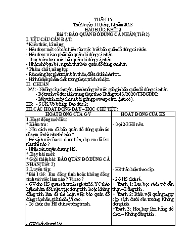 Giáo án Mĩ thuật + Đạo đức Tiểu học - Tuần 15 - Năm học 2023-2024