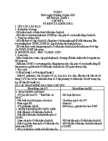 Giáo án Mĩ thuật + Đạo đức Tiểu học - Tuần 7 - Năm học 2023-2024