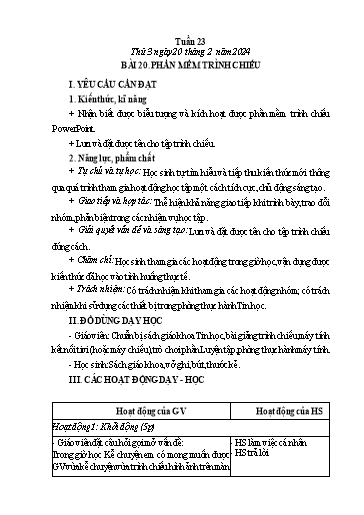 Giáo án môn Tin học Lớp 3 - Tuần 23, Bài 20: Phần mềm trình chiếu - Năm học 2023-2024