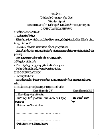 Giáo án Sinh hoạt Lớp 5 - Tuần 31: Sinh hoạt lớp. Kết quả khảo sát thực trạng cảnh quan địa phương - Năm học 2023-2024