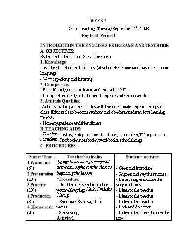 Giáo án Tiếng Anh 3+5 - Week 2 - Năm học 2023-2024