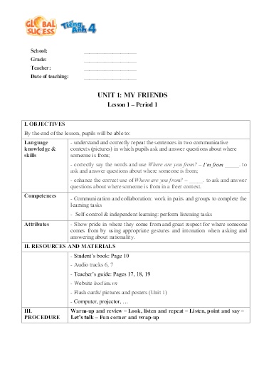 Giáo án Tiếng Anh 4 Sách Global Success - Unit 1: My friends