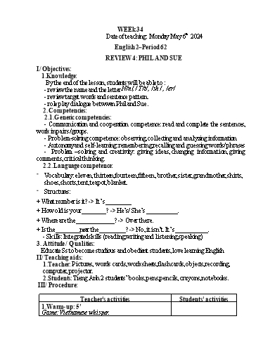 Giáo án Tiếng Anh Lớp 1+2 - Week 34 - Năm học 2023-2024