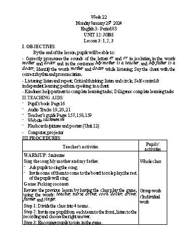 Giáo án Tiếng Anh Lớp 3 - Week 22 - Năm học 2023-2024