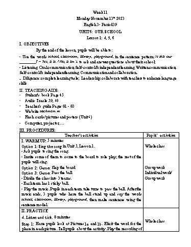 Giáo án Tiếng Anh Lớp 3+4+5 - Week 11 - Năm học 2023-2024 - Tôn Thị Hằng