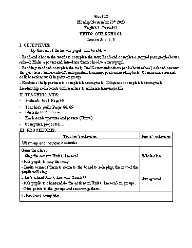 Giáo án Tiếng Anh Lớp 3+4+5 - Week 12 - Năm học 2023-2024 - Tôn Thị Hằng
