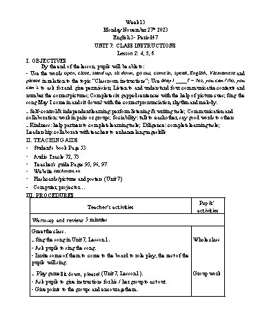 Giáo án Tiếng Anh Lớp 3+4+5 - Week 13 - Năm học 2023-2024 - Tôn Thị Hằng