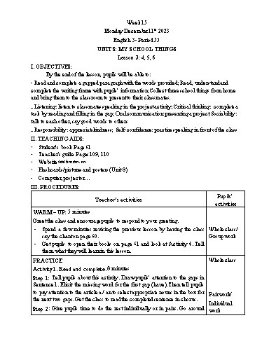 Giáo án Tiếng Anh Lớp 3+4+5 - Week 15 - Năm học 2023-2024 - Tôn Thị Hằng