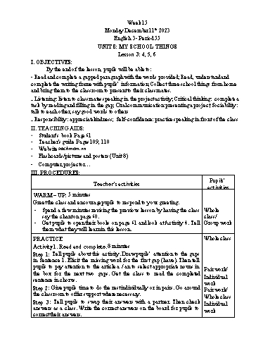 Giáo án Tiếng Anh Lớp 3+4+5 - Week 16 - Năm học 2023-2024 - Tôn Thị Hằng