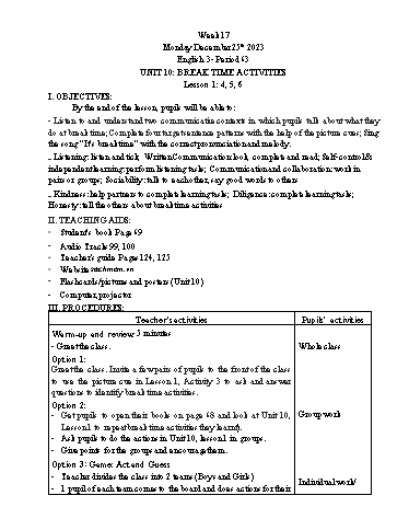 Giáo án Tiếng Anh Lớp 3+4+5 - Week 17 - Năm học 2023-2024 - Tôn Thị Hằng
