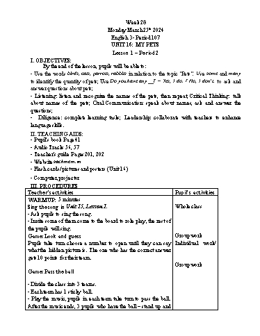 Giáo án Tiếng Anh Lớp 3+4+5 - Week 28 - Năm học 2023-2024 - Tôn Thị Hằng