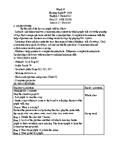 Giáo án Tiếng Anh Lớp 3+4+5 - Week 30 - Năm học 2023-2024 - Tôn Thị Hằng