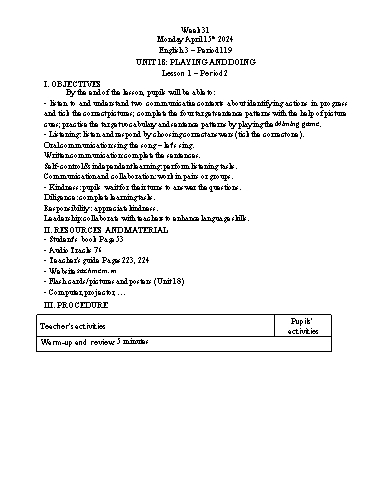 Giáo án Tiếng Anh Lớp 3+4+5 - Week 31 - Năm học 2023-2024 - Tôn Thị Hằng