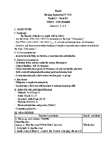 Giáo án Tiếng Anh Lớp 3+4+5 - Week 4 - Năm học 2023-2024 - Tôn Thị Hằng