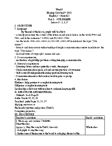 Giáo án Tiếng Anh Lớp 3+4+5 - Week 5 - Năm học 2023-2024 - Tôn Thị Hằng