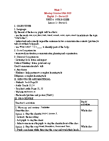 Giáo án Tiếng Anh Lớp 3+4+5 - Week 7 - Năm học 2023-2024 - Tôn Thị Hằng