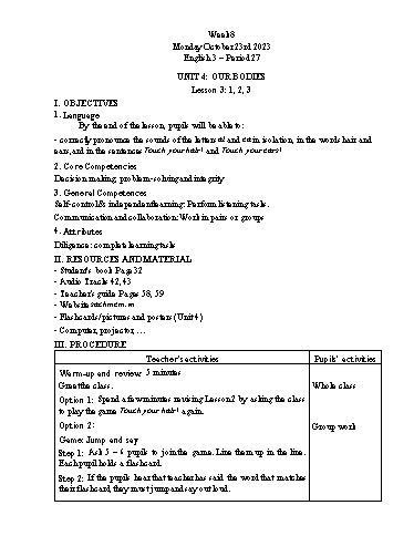 Giáo án Tiếng Anh Lớp 3+4+5 - Week 8 - Năm học 2023-2024 - Tôn Thị Hằng
