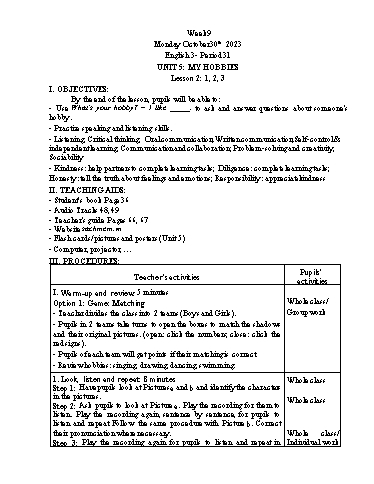 Giáo án Tiếng Anh Lớp 3+4+5 - Week 9 - Năm học 2023-2024 - Tôn Thị Hằng