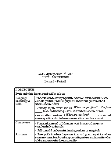 Giáo án Tiếng Anh Lớp 4 - Period 1+2, Lesson 1 - Năm học 2023-2024