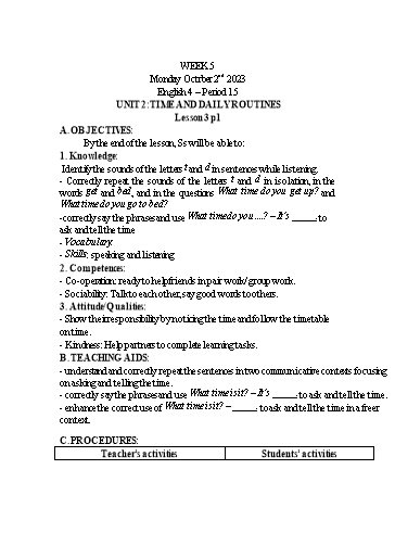 Giáo án Tiếng Anh Lớp 4 Sách Global Success - Week 5 - Năm học 2023-2024