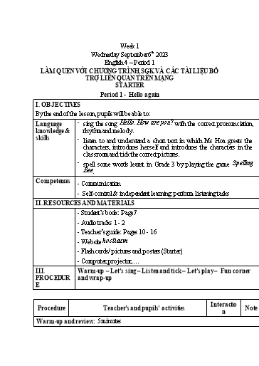 Giáo án Tiếng Anh Lớp 4 - Week 1 - Năm học 2023-2024