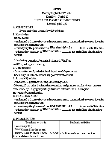 Giáo án Tiếng Anh Lớp 4 - Week 4 - Năm học 2023-2024