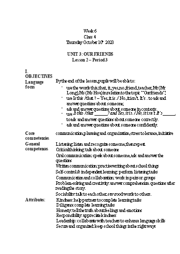 Giáo án Tiếng Anh Lớp 4 - Week 6 - Năm học 2023-2024