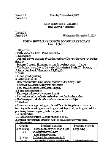 Giáo án Tiếng Anh Lớp 5 Sách Global Success - Week 10 - Năm học 2023-2024