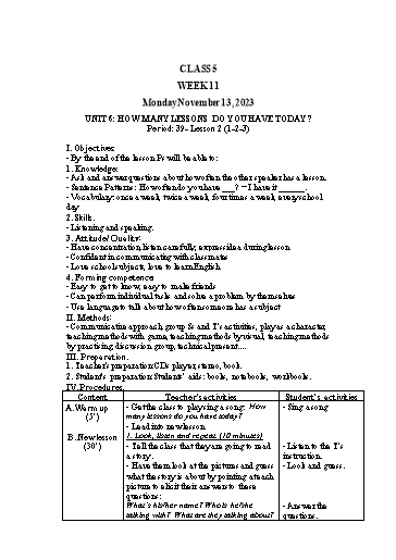 Giáo án Tiếng Anh Lớp 5 Sách Global Success - Week 11 - Năm học 2023-2024