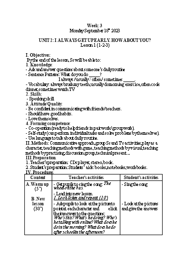 Giáo án Tiếng Anh Lớp 5 - Week 3 - Năm học 2023-2024