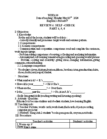 Giáo án Tiếng Anh Lớp Tiểu học - Week 36 - Năm học 2023-2024