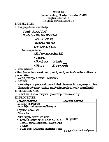 Giáo án Tiếng Anh Tiểu học - Week 10 - Năm học 2023-2024