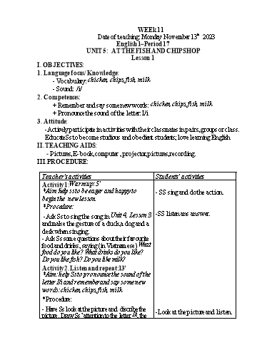 Giáo án Tiếng Anh Tiểu học - Week 11 - Năm học 2023-2024