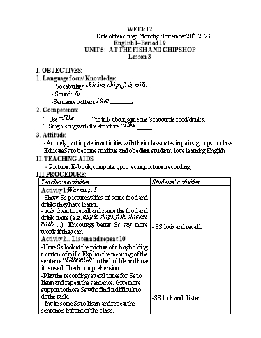 Giáo án Tiếng Anh Tiểu học - Week 12 - Năm học 2023-2024