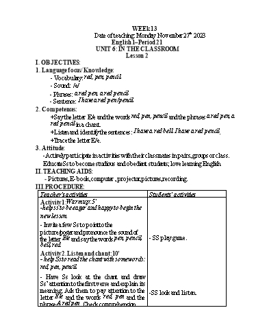 Giáo án Tiếng Anh Tiểu học - Week 13 - Năm học 2023-2024