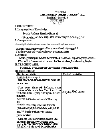 Giáo án Tiếng Anh Tiểu học - Week 14 - Năm học 2023-2024