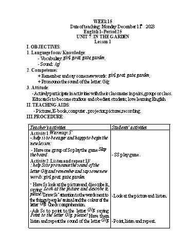 Giáo án Tiếng Anh Tiểu học - Week 15 - Năm học 2023-2024