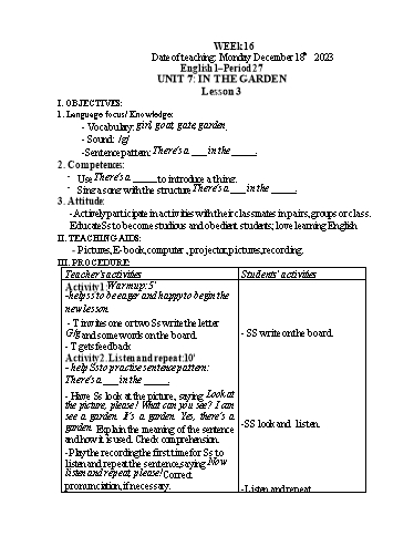 Giáo án Tiếng Anh Tiểu học - Week 16 - Năm học 2023-2024