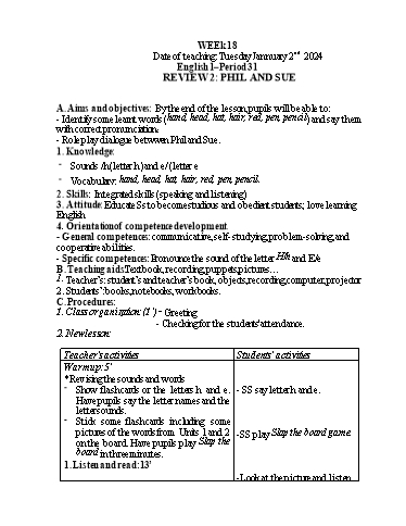 Giáo án Tiếng Anh Tiểu học - Week 18 - Năm học 2023-2024