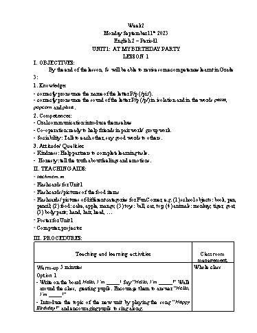 Giáo án Tiếng Anh Tiểu học - Week 2 - Năm học 2023-2024 - Tôn Thị Hằng